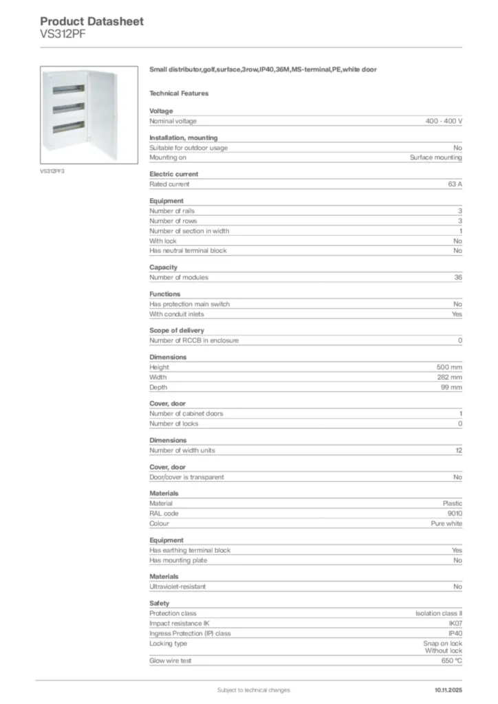 Image Hager Product data sheet VS312PF  | Hager Africa