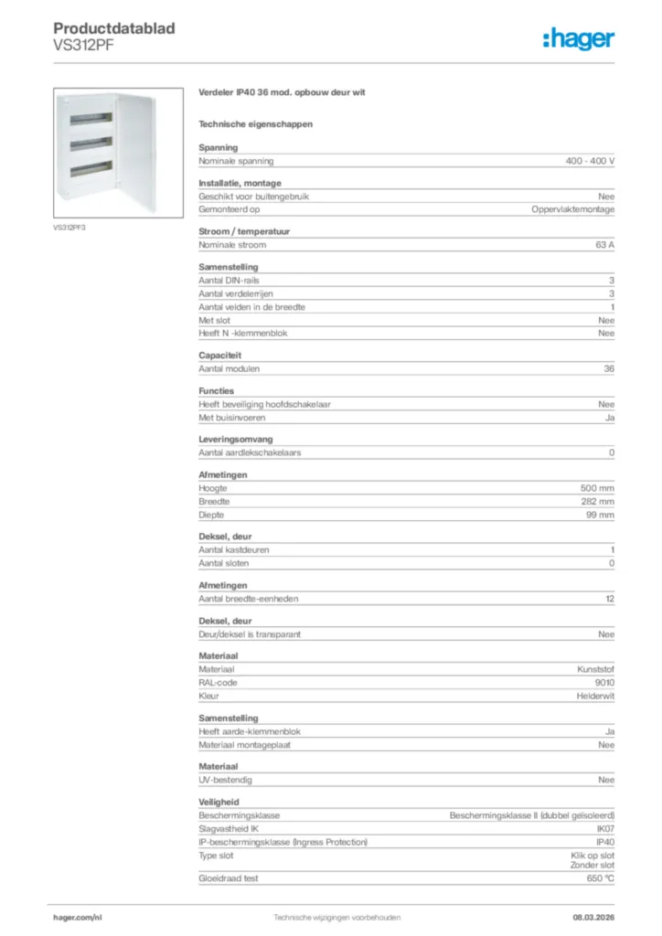 Afbeelding Hager Productdatablad VS312PF | Hager Nederland