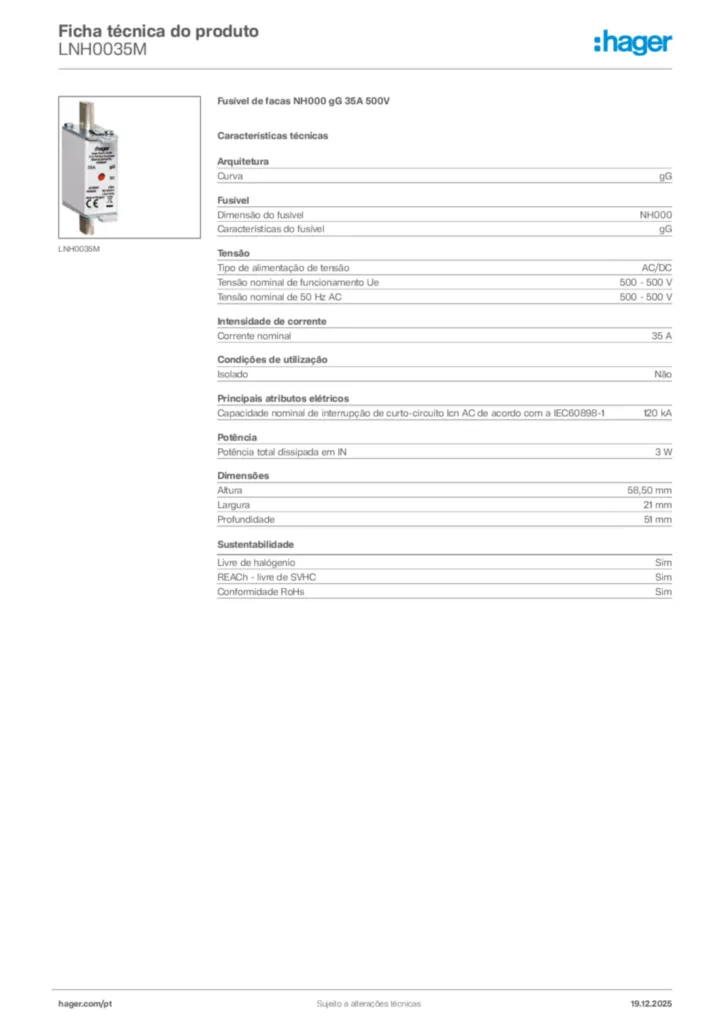 Imagem Hager Ficha técnica do produto LNH0035M | Hager Portugal