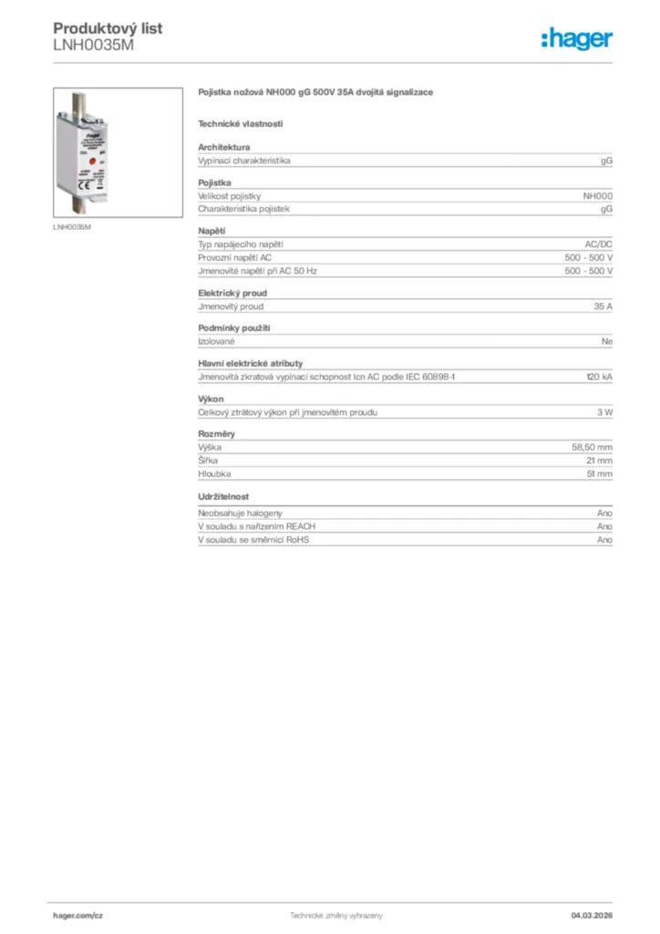 Obrázek Hager Product data sheet LNH0035M | Hager