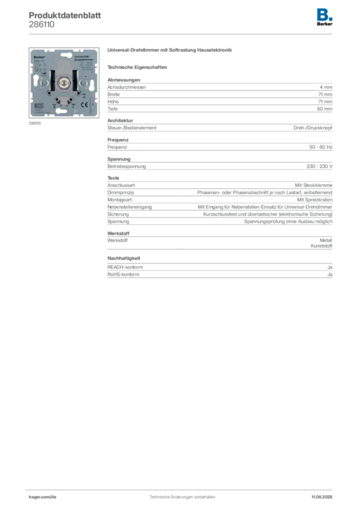 Bild Berker Produktdatenblatt 286110 | Hager Deutschland