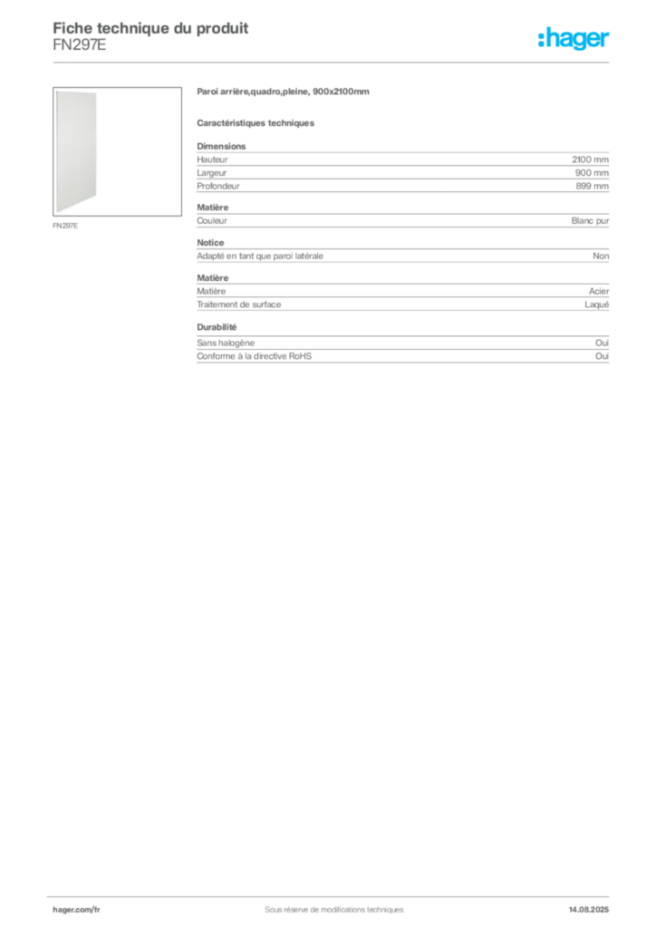 Image Hager Fiche technique du produit FN297E | Hager France