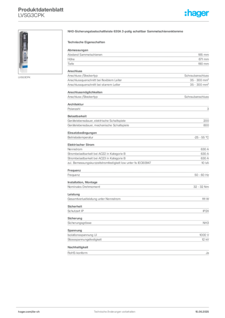 Bild Hager Produktdatenblatt LVSG3CPK | Hager Schweiz
