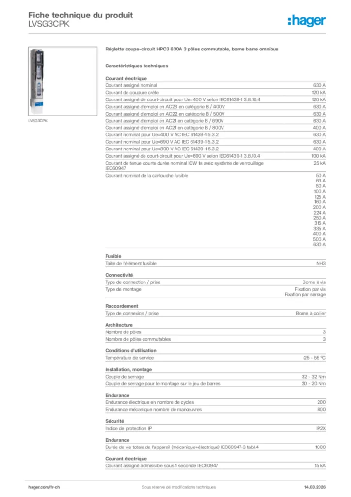 Image Hager Fiche technique du produit LVSG3CPK | Hager Suisse