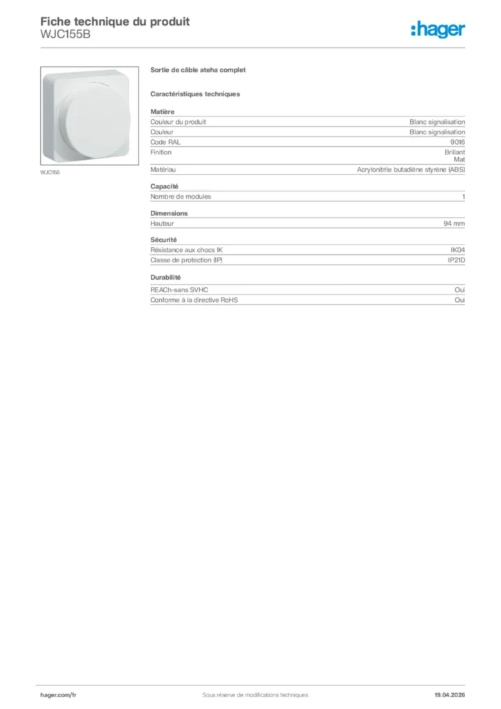 Image Hager Fiche technique du produit WJC155B | Hager France