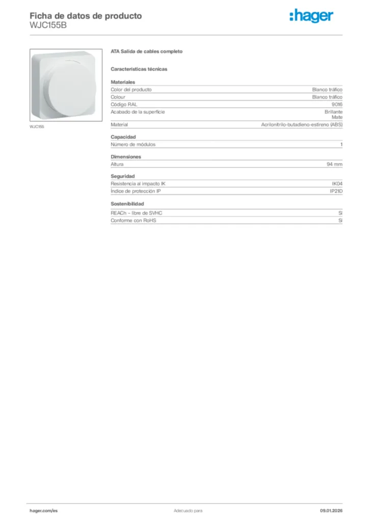 Imagen Hager Ficha de datos de producto WJC155B | Hager España