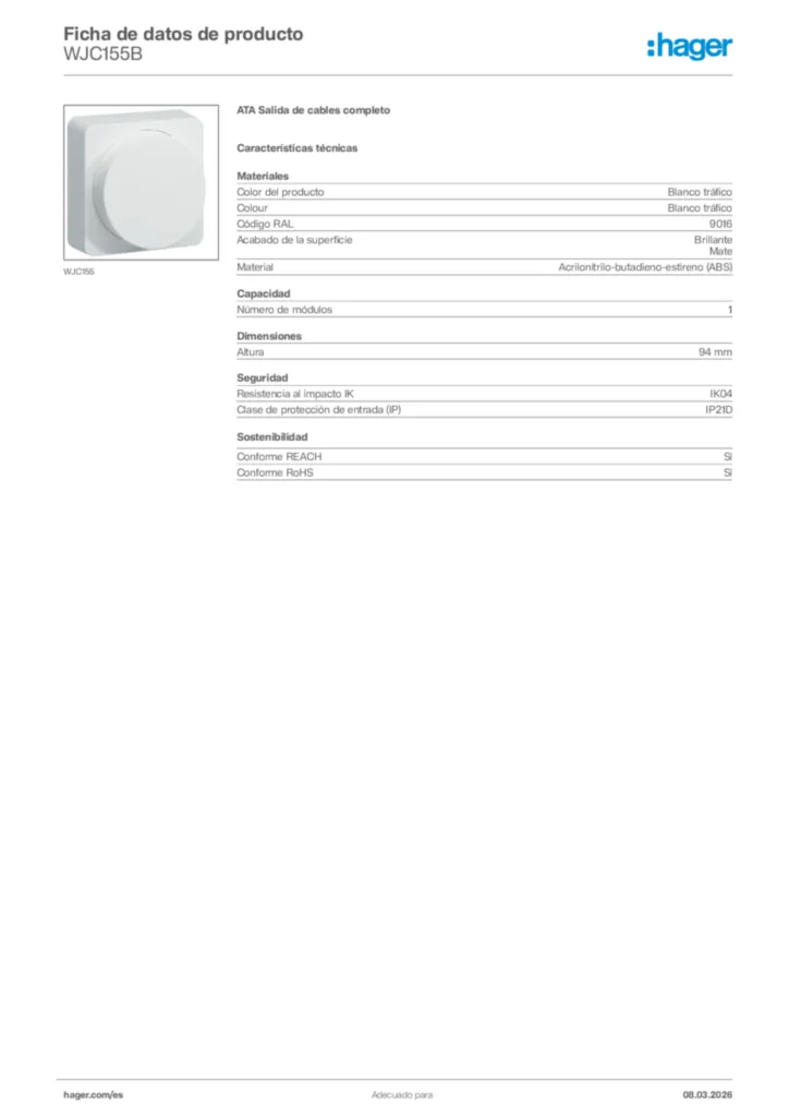 Imagen Hager Ficha de datos de producto WJC155B | Hager España