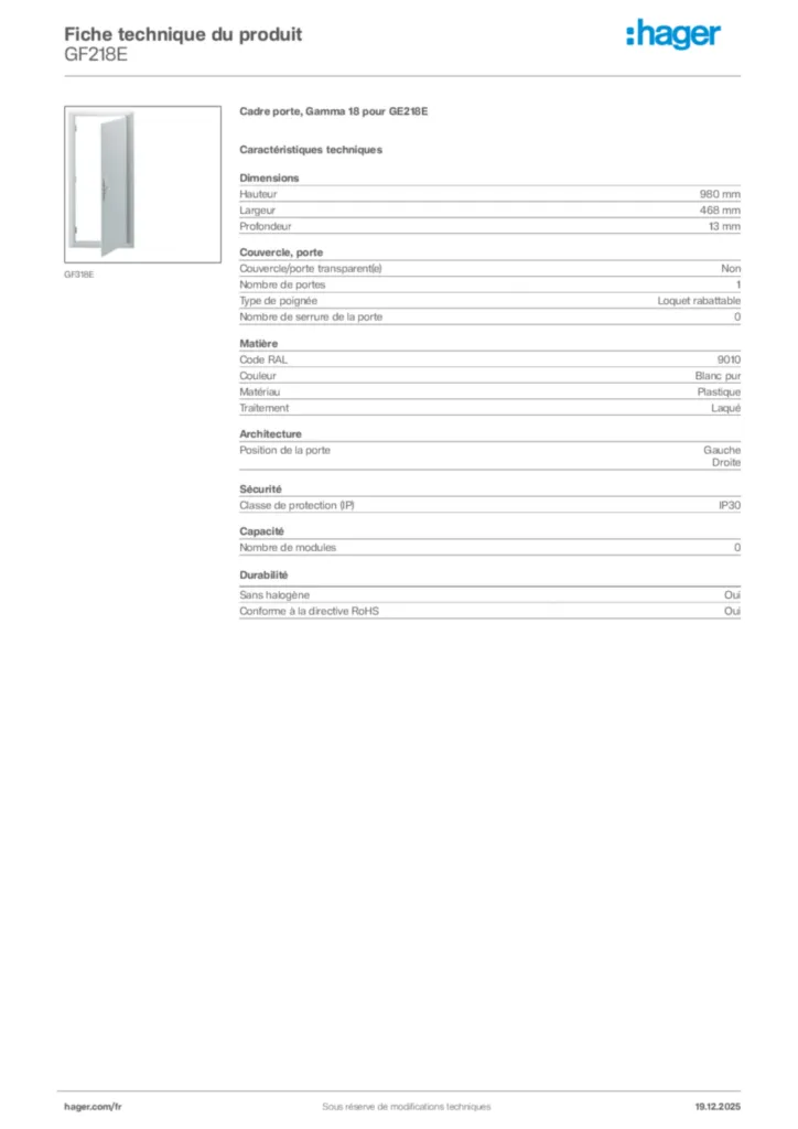 Image Hager Fiche technique du produit GF218E | Hager France
