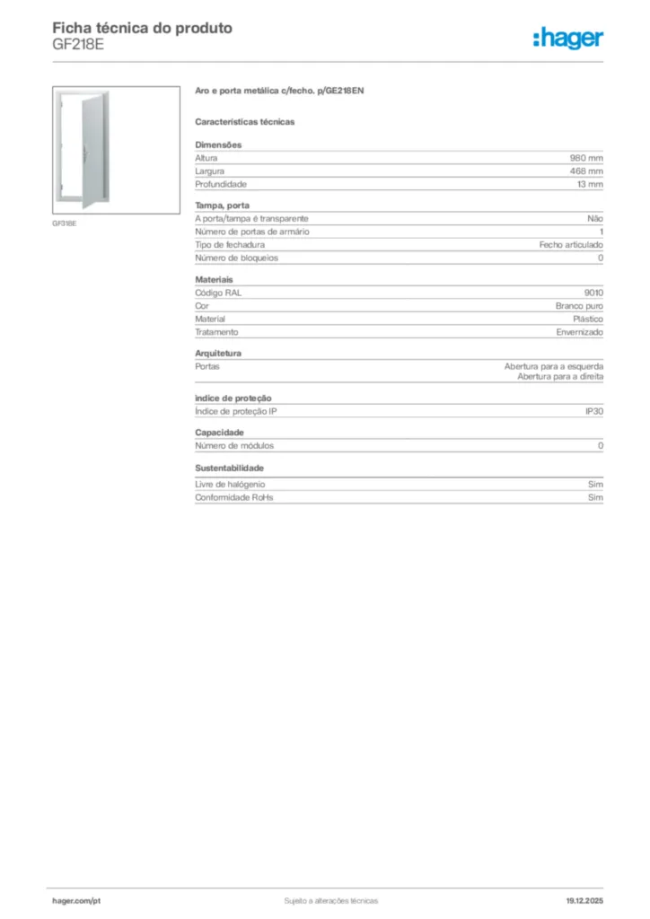 Imagem Hager Ficha técnica do produto GF218E | Hager Portugal
