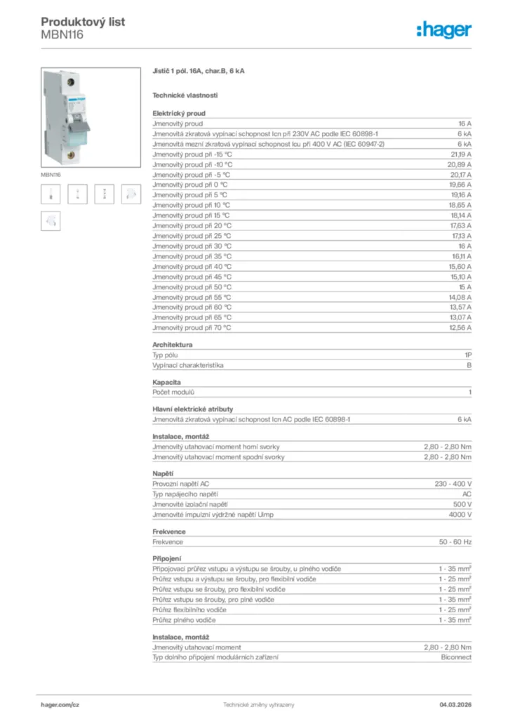 Obrázek Hager Product data sheet MBN116 | Hager