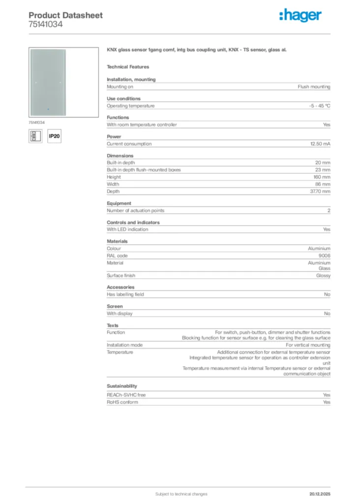 Image Hager Product data sheet 75141034  | Hager Africa