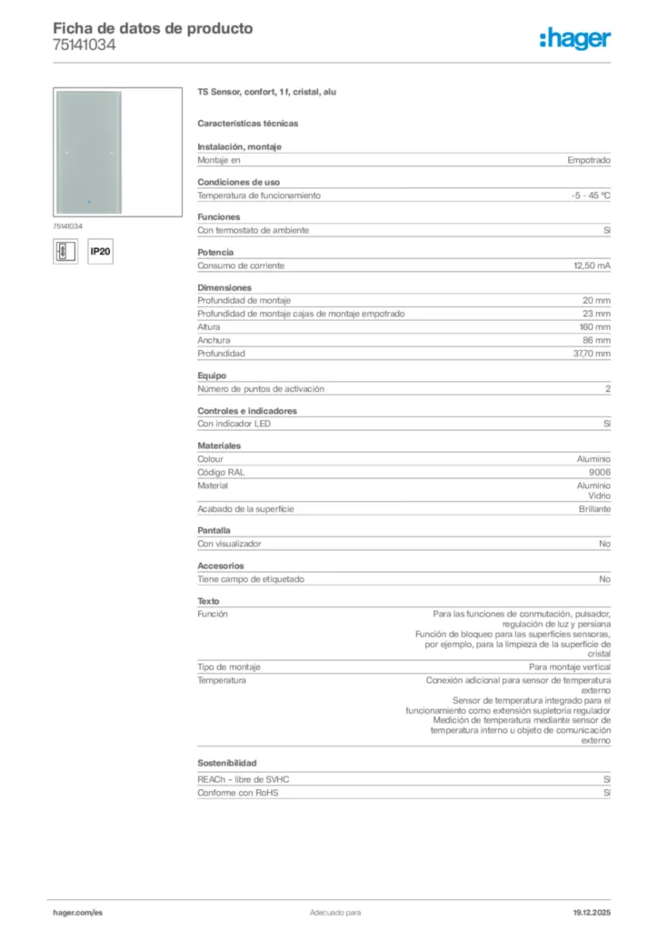 Imagen Hager Ficha de datos de producto 75141034 | Hager España