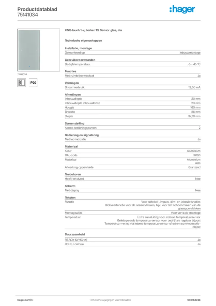 Afbeelding Hager Productdatablad 75141034 | Hager Nederland