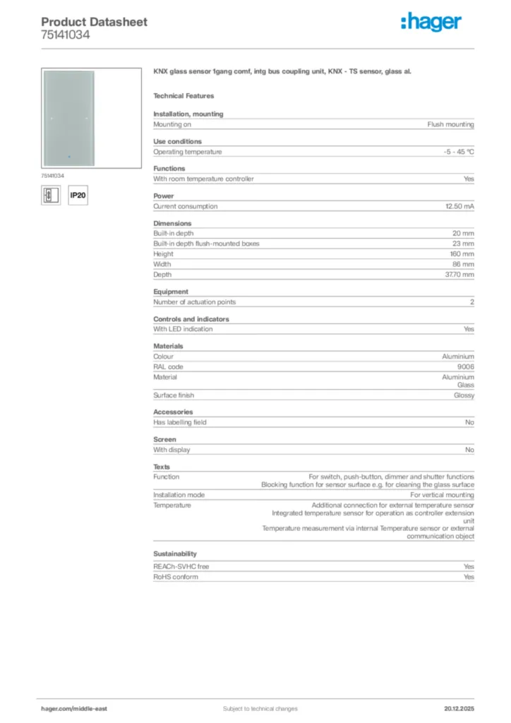 Image Hager Product data sheet 75141034  | Hager