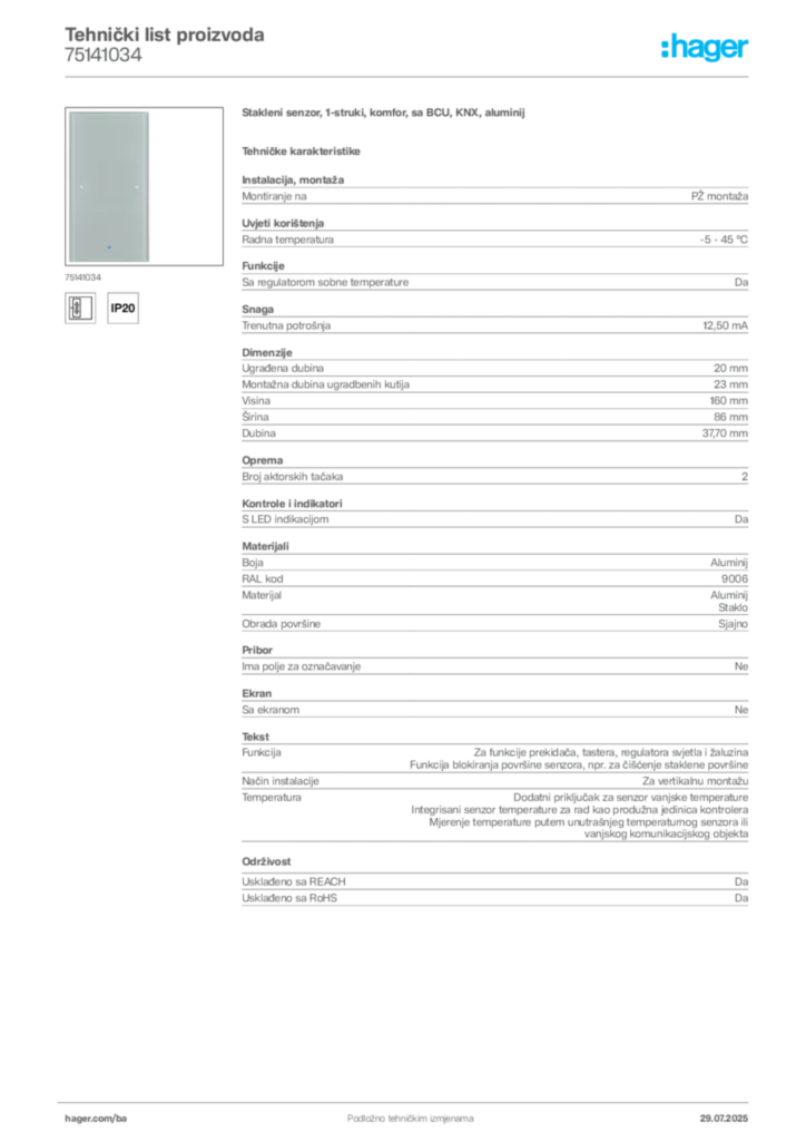 Slika Hager Product data sheet 75141034  | Hager