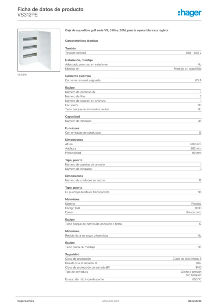 Imagen Hager Ficha de datos de producto VS312PE | Hager España