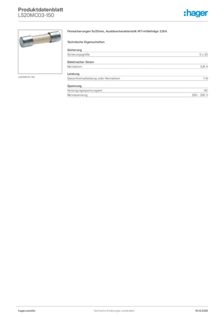 Bild Hager Produktdatenblatt L520MC03-150 | Hager Deutschland