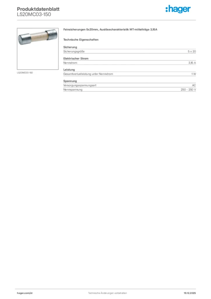 Bild Hager Produktdatenblatt L520MC03-150 | Hager Deutschland