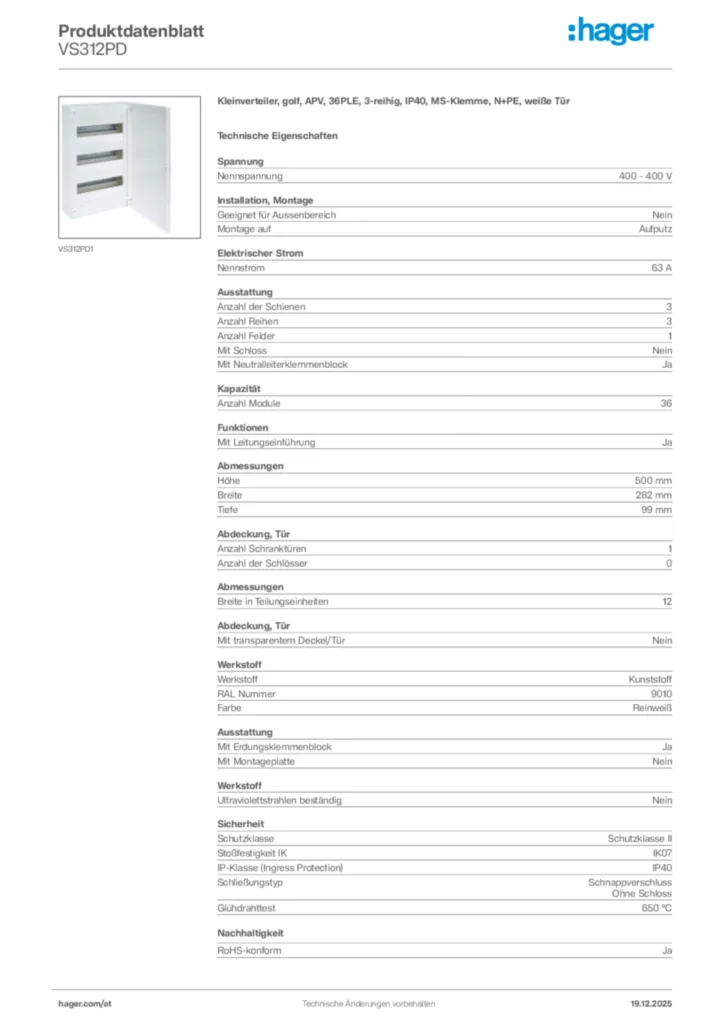 Bild Hager Produktdatenblatt VS312PD | Hager Deutschland