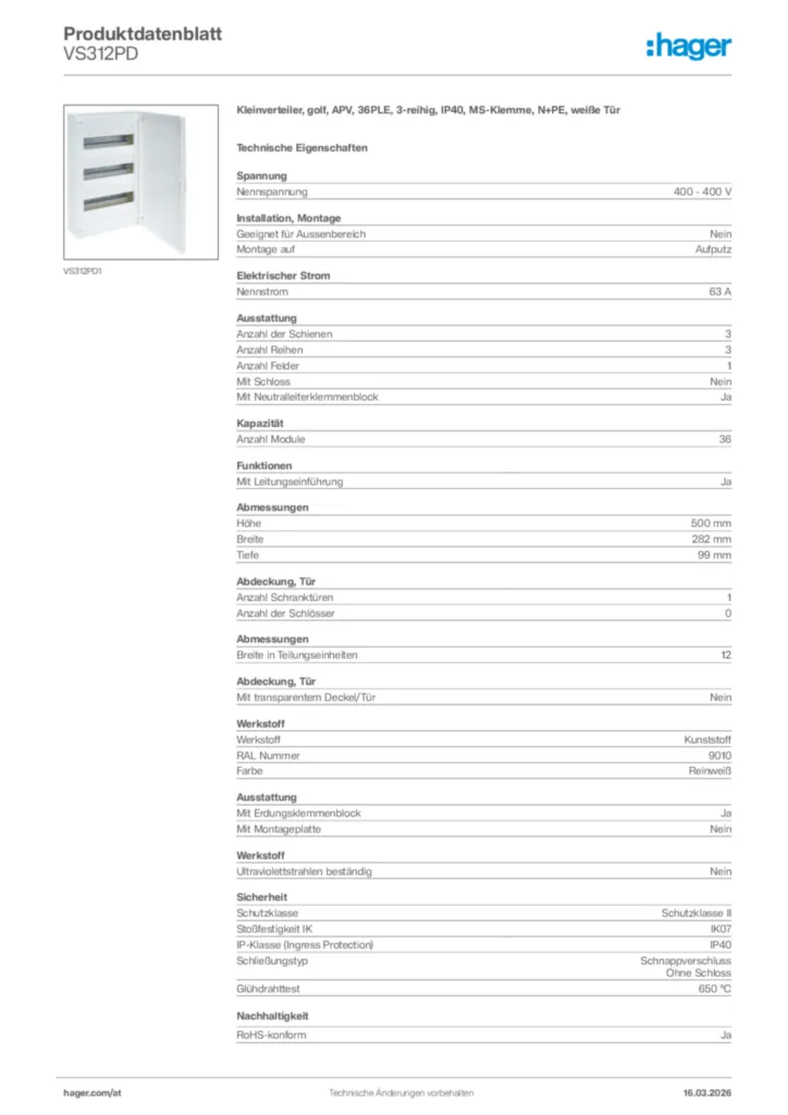 Bild Hager Produktdatenblatt VS312PD | Hager Deutschland