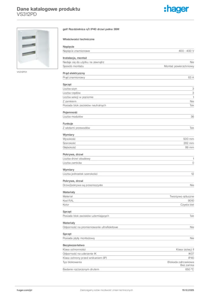 Zdjęcie Hager Karta katalogowa VS312PD | Hager Polska
