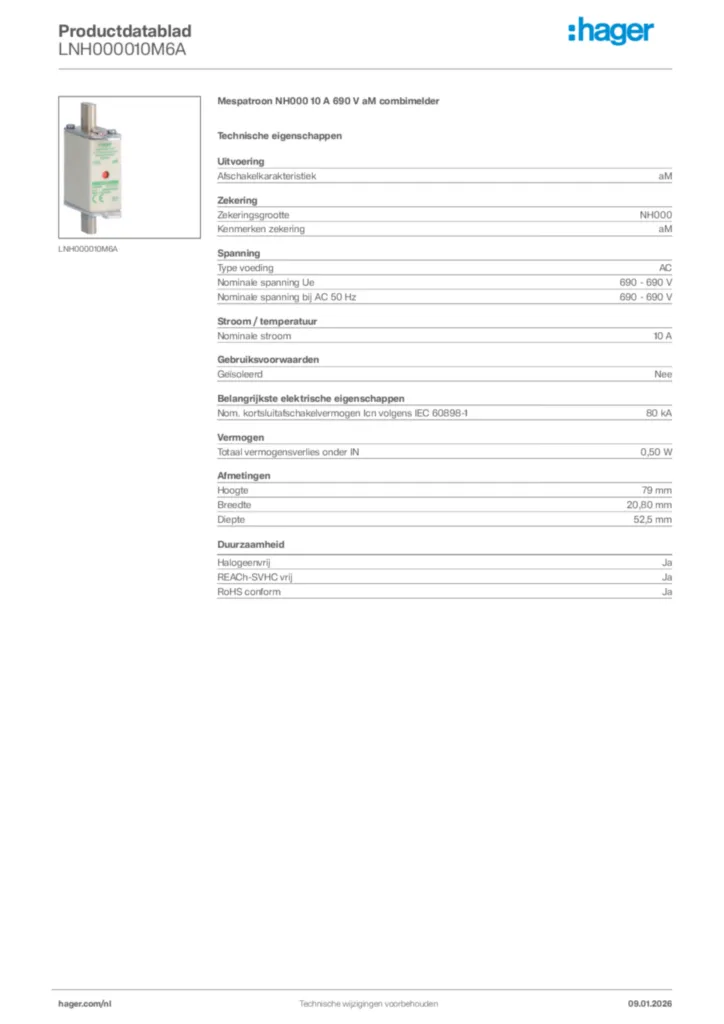 Afbeelding Hager Productdatablad LNH000010M6A | Hager Nederland