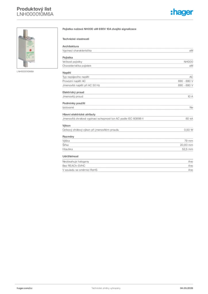 Obrázek Hager Product data sheet LNH000010M6A | Hager