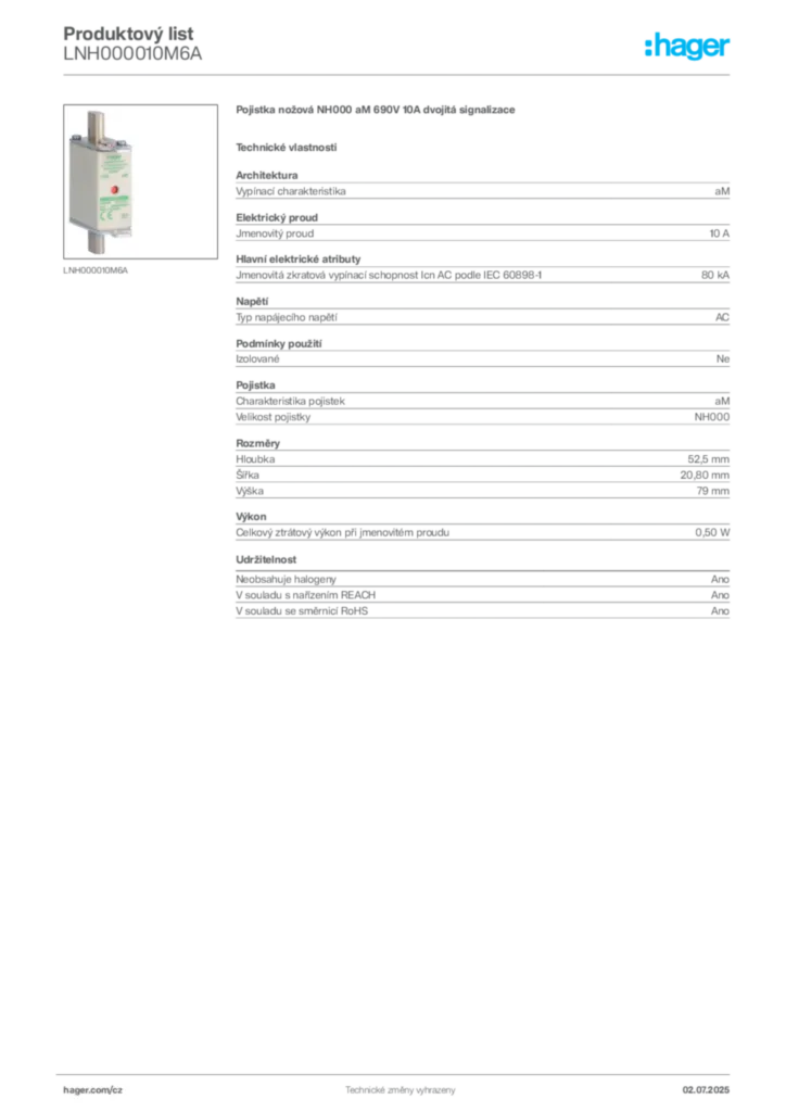 Obrázek Hager Produktový list LNH000010M6A | Hager