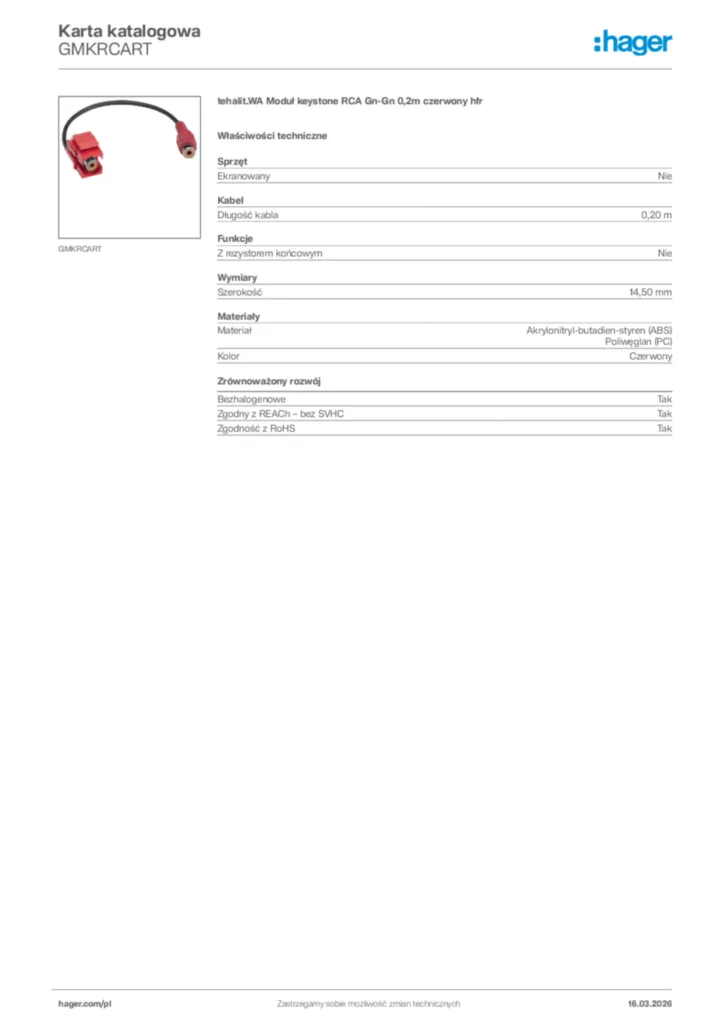 Zdjęcie Hager Karta katalogowa GMKRCART | Hager Polska