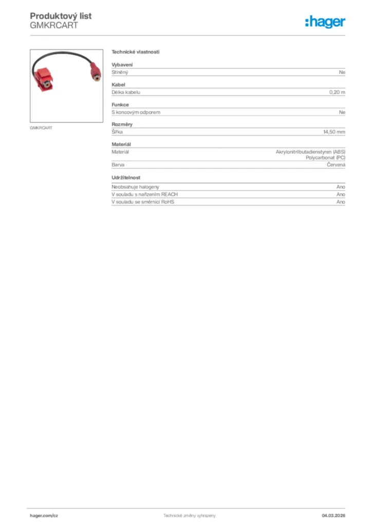 Obrázek Hager Product data sheet GMKRCART | Hager
