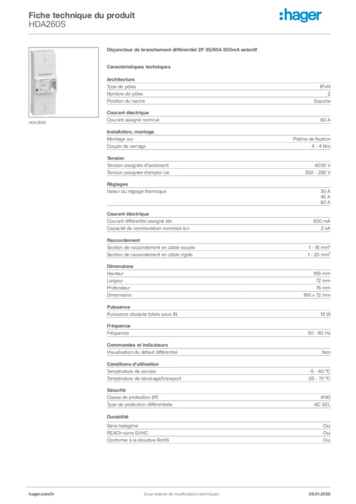 Image Hager Fiche technique du produit HDA260S | Hager France
