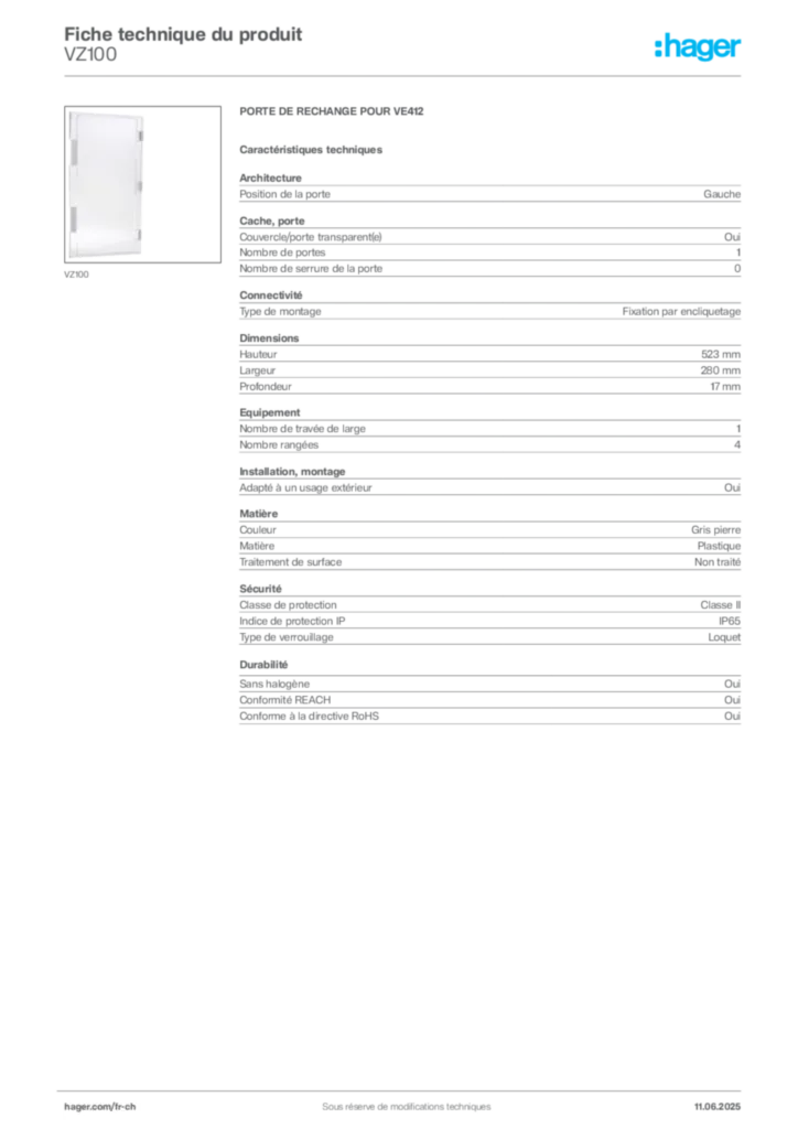 Image Hager Fiche technique du produit VZ100 | Hager Suisse