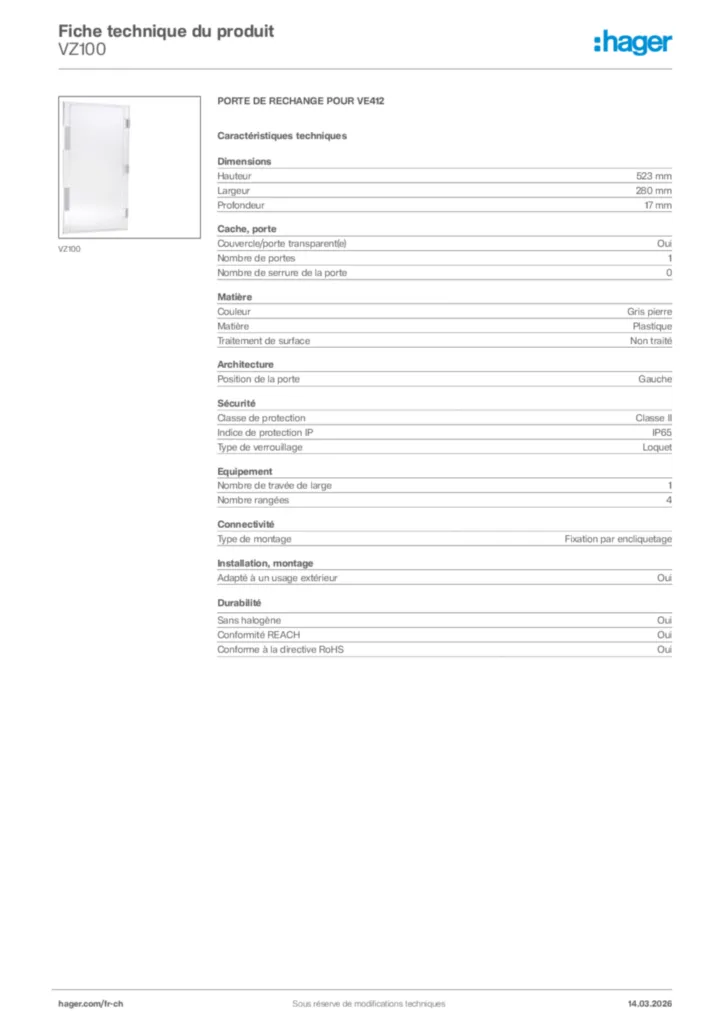 Image Hager Fiche technique du produit VZ100 | Hager Suisse