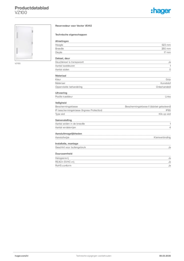 Afbeelding Hager Productdatablad VZ100 | Hager Nederland