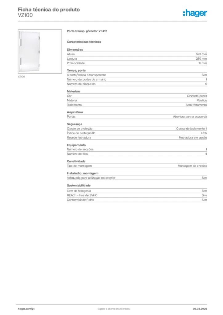 Imagem Hager Ficha técnica do produto VZ100 | Hager Portugal
