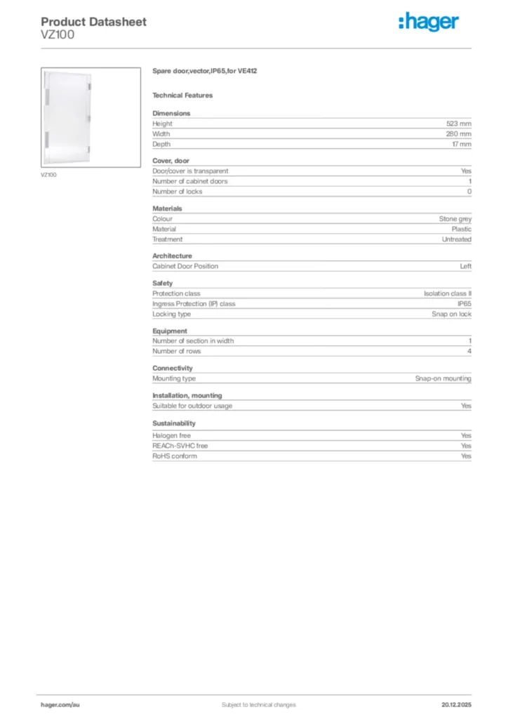 Image Hager Product data sheet VZ100  | Hager Australia