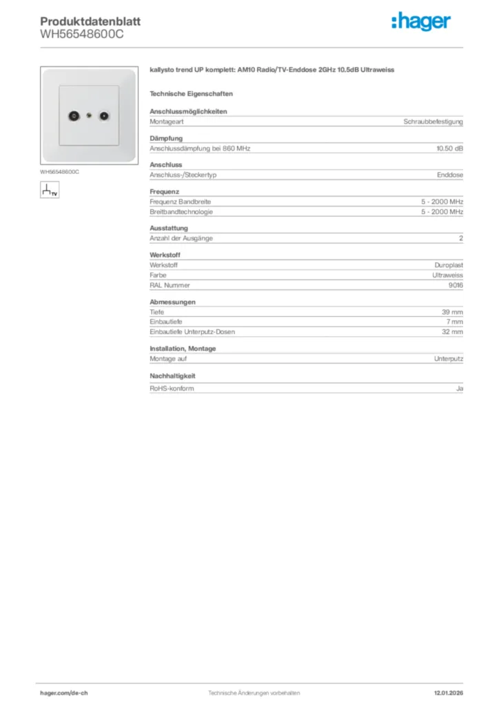 Bild Hager Produktdatenblatt WH56548600C | Hager Schweiz