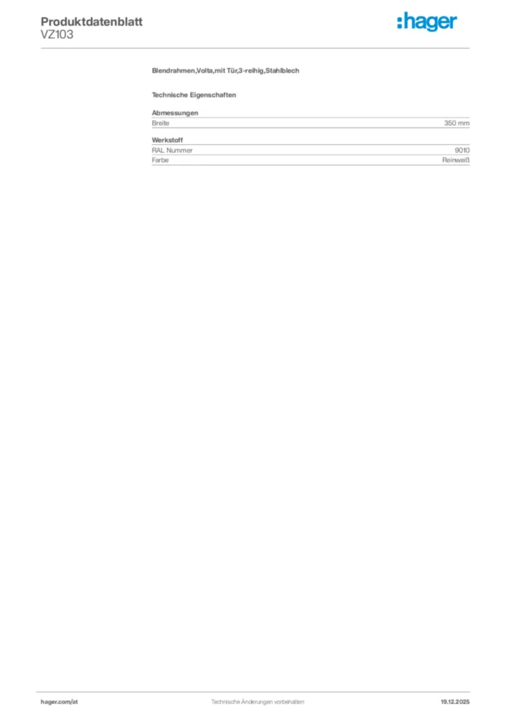Bild Hager Produktdatenblatt VZ103 | Hager Deutschland