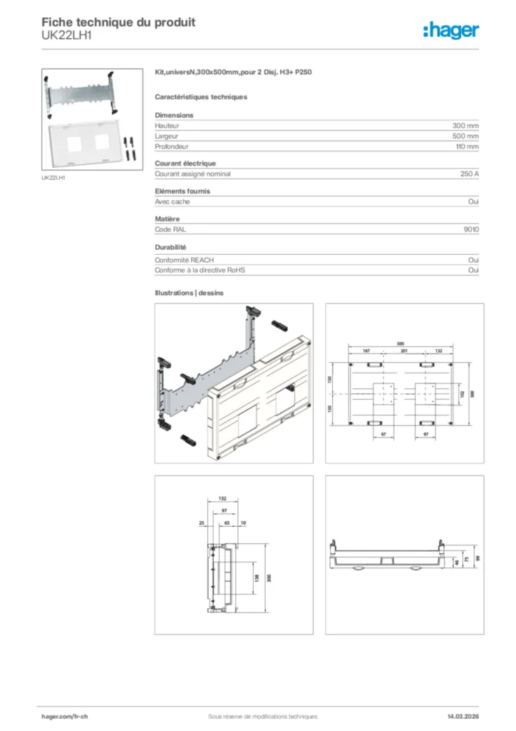 Image Hager Fiche technique du produit UK22LH1 | Hager Suisse