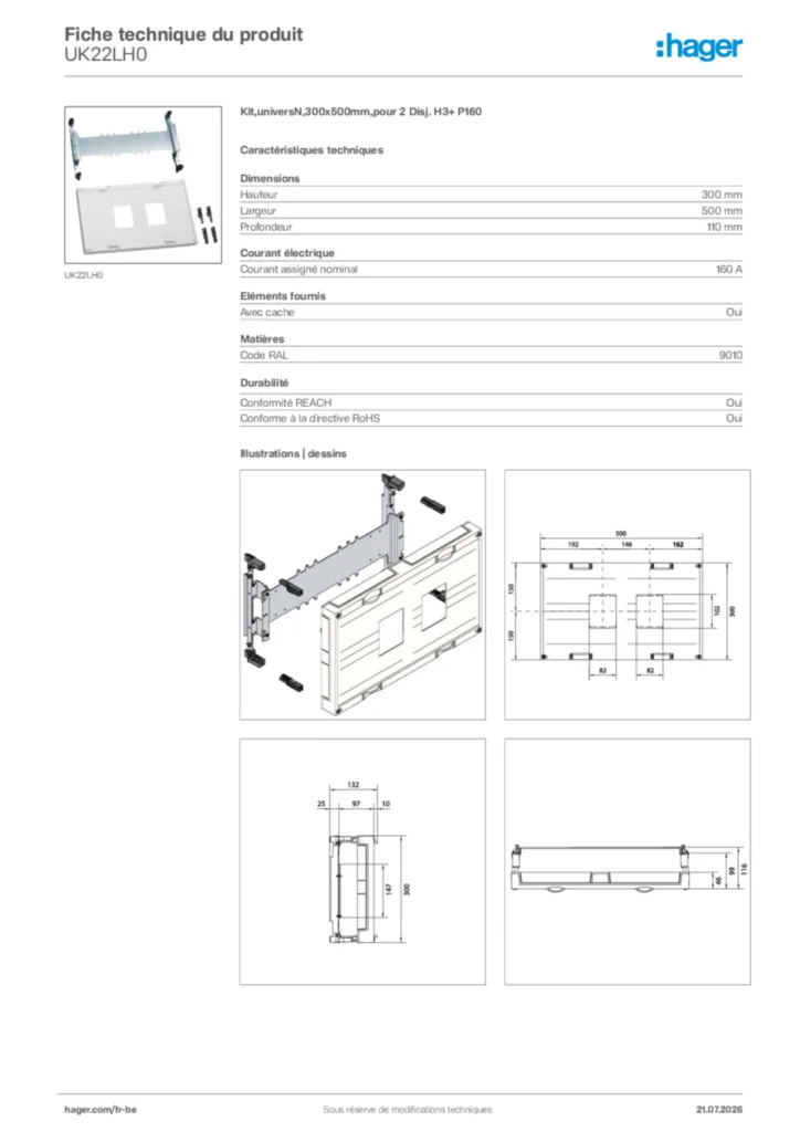 Image Hager Fiche technique du produit UK22LH0 | Hager Belgique