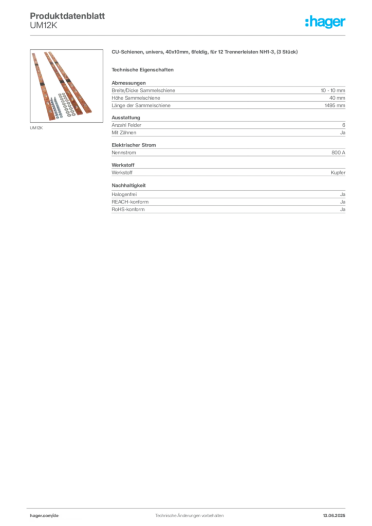 Hager Produktdatenblatt UM12K