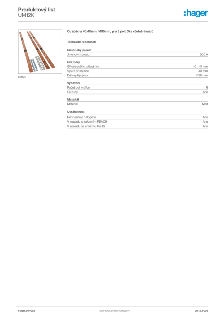 Obrázek Hager Produktový list UM12K | Hager