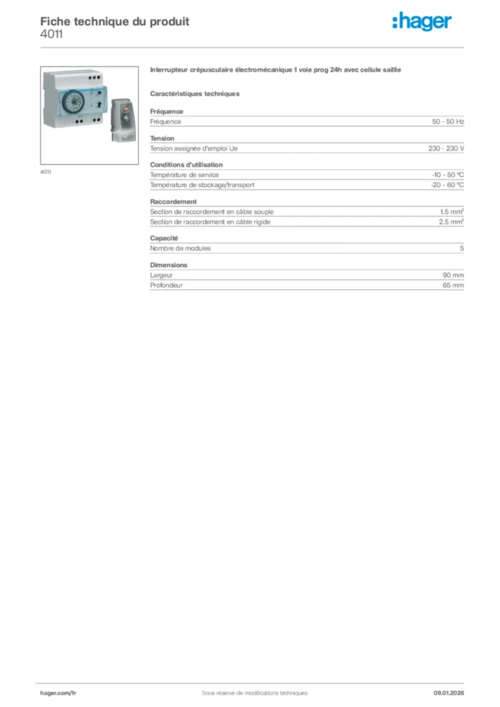 Image Hager Fiche technique du produit 4011 | Hager France