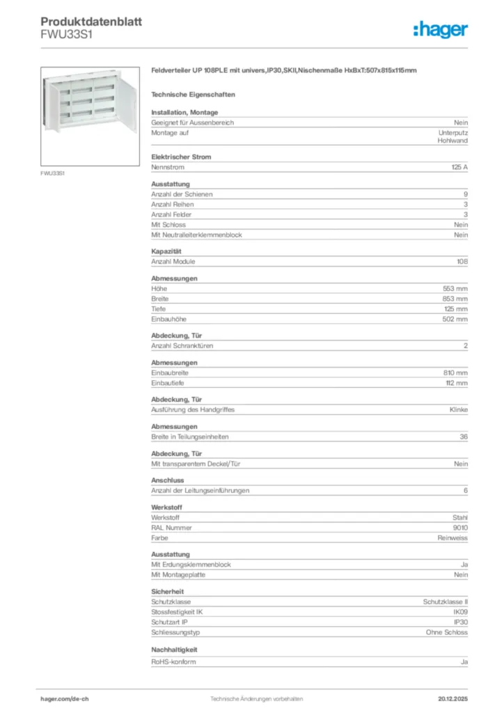 Bild Hager Produktdatenblatt FWU33S1 | Hager Schweiz