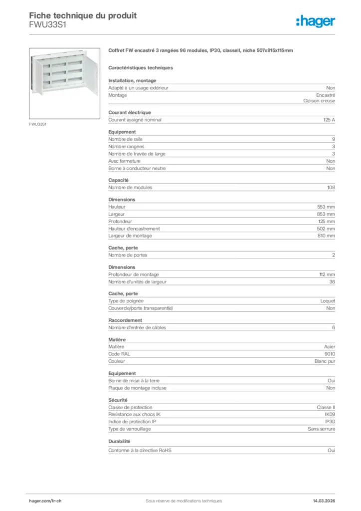 Image Hager Fiche technique du produit FWU33S1 | Hager Suisse