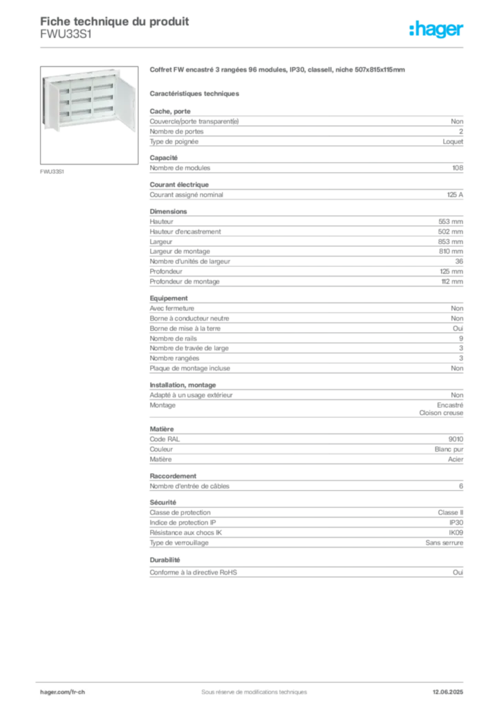 Image Hager Fiche technique du produit FWU33S1 | Hager Suisse