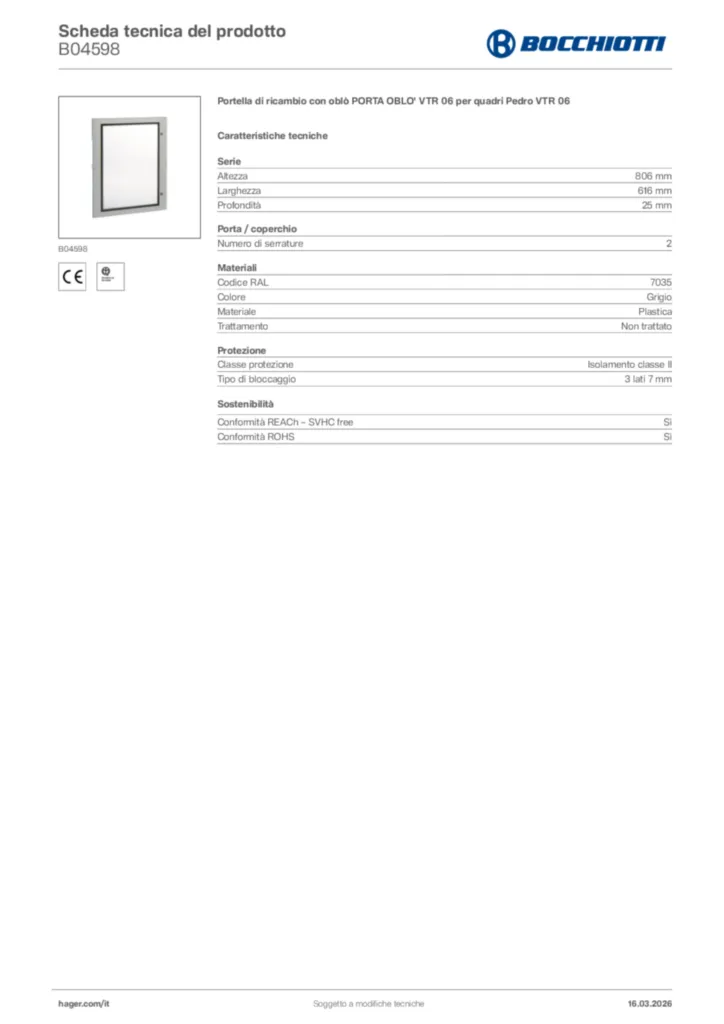 Immagine Bocchiotti Scheda tecnica del prodotto B04598 | Hager Italia
