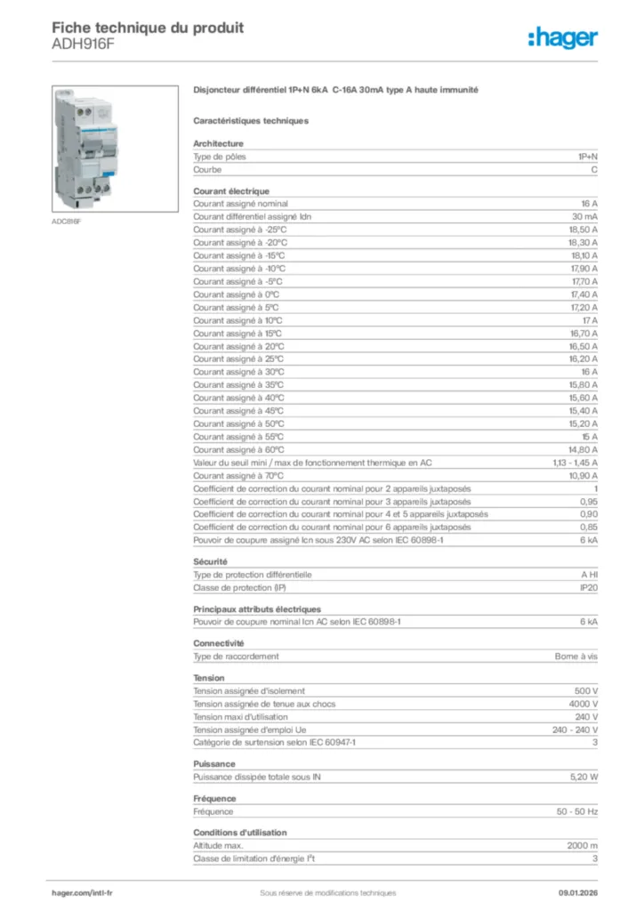Image Hager Fiche technique du produit ADH916F | Hager Afrique