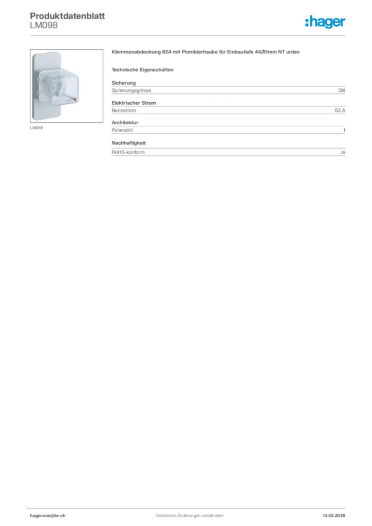 Bild Hager Produktdatenblatt LM098 | Hager Schweiz