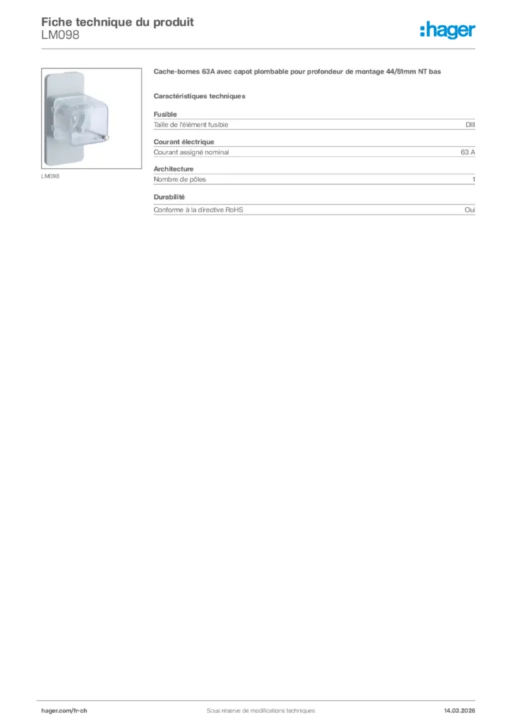 Image Hager Fiche technique du produit LM098 | Hager Suisse